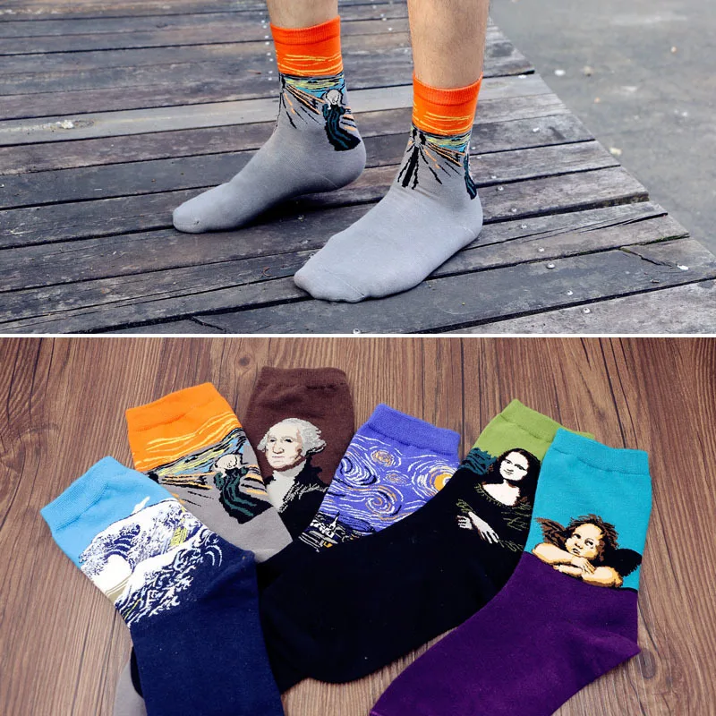 Combed Cotton Colorful Van Gogh Retro Oil Painting Men Socks cool casual Dress Funny party dress crew Socks 1pair=2pcs  ms01