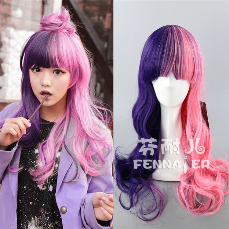 

Mori girl lolita with pink and purple harajuku Long curly Blunt bangs and a coiffure wig+Wig Cap