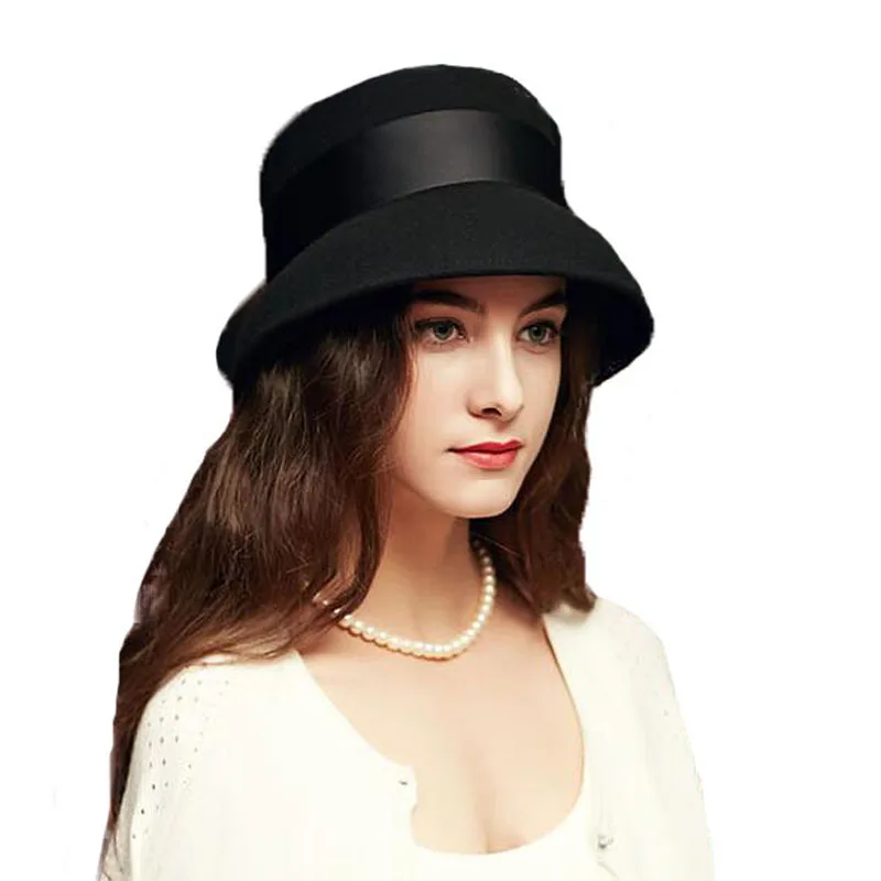 FS Black Winter Hats Women Wide Brim Wool Fedora Elegant Bowler Cloche Felt Caps Vintage Ladies Church Hat Sombreros Mujer