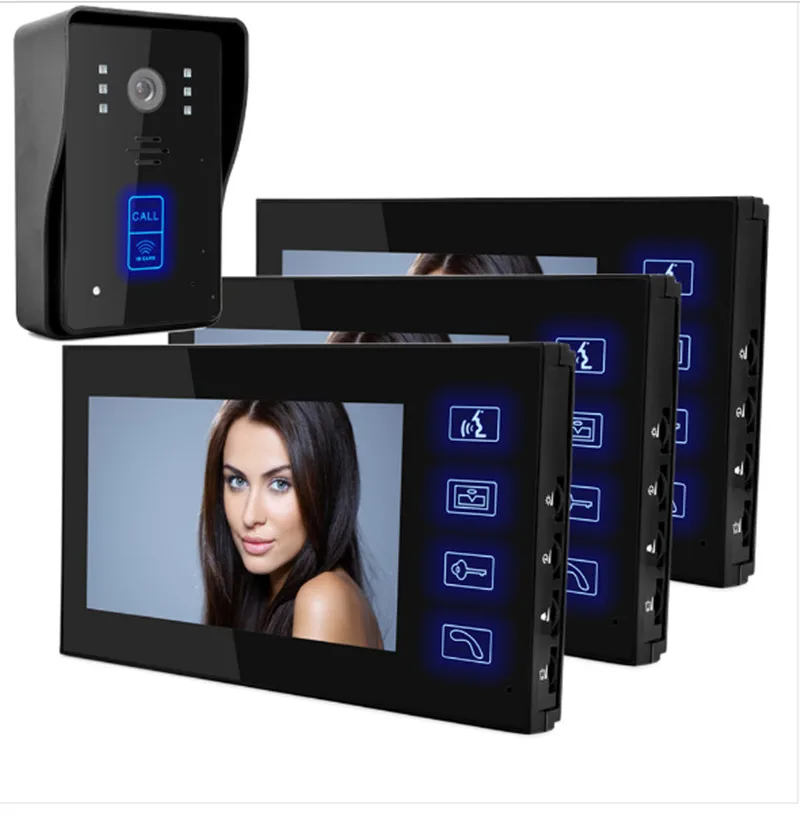 7 Inch  Touch Screen Intercom Video Door Phone ID Card Access Control With Three Monitor