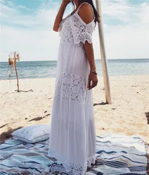 Bawełniany Patchwork koronkowa sukienka plażowa długie okrycie plażowe w górę Vestido okrycie na kostium kąpielowy Sarong plażowy szata de Plage tunika