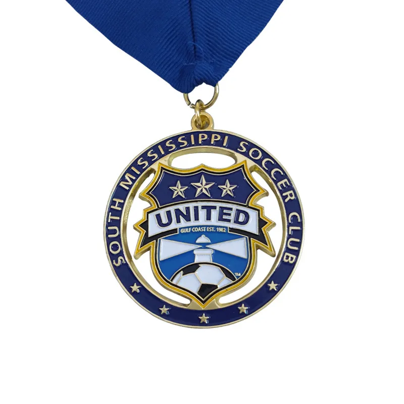 Custom Football Club Metal Medal with Blue Ribbon