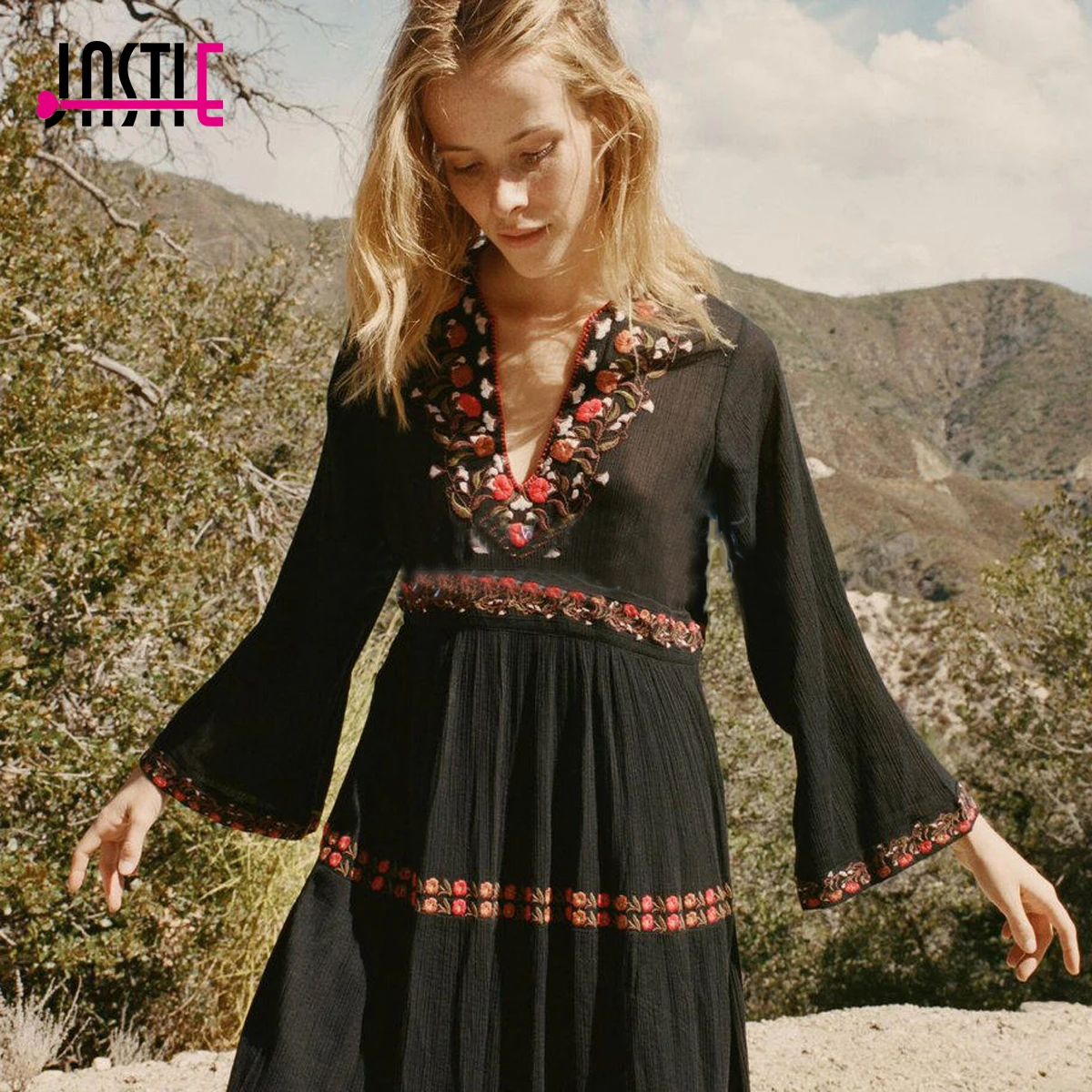 Jastie Bohemian Floral Embroidery Black Maxi Dress V-Neck Flare Sleeve Boho Long Dresses 2023 Spring Women Dress Vestidos