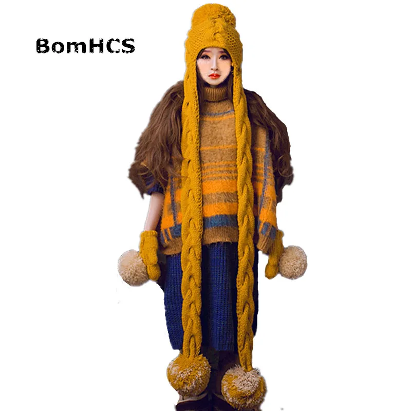 BomHCS Beautiful Women's Winter Warm Beanie with Scarf & Gloves Suit 100% Handmade Knitted Hat Neckerchief Mittens