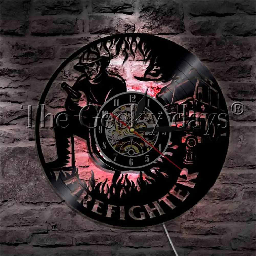 

Firefighter Helmet Fire Rescue Vinyl Record Wall Clock With LED Backlight Fire Fighting Truck Decor LED Hanging Lamp