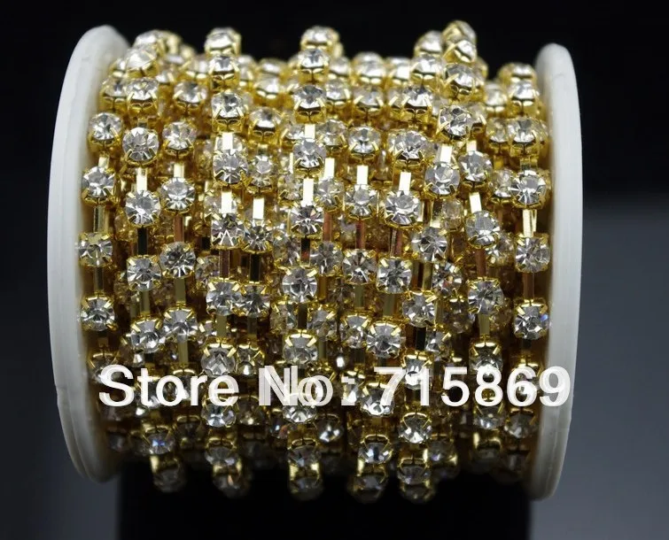 30 FEET 10 Yard SS12 3mm Clear Crystal Gold Plated Rhinestone Chain Trims Cup Crystal Rhinestone Close  Cup Chain Clear Trim