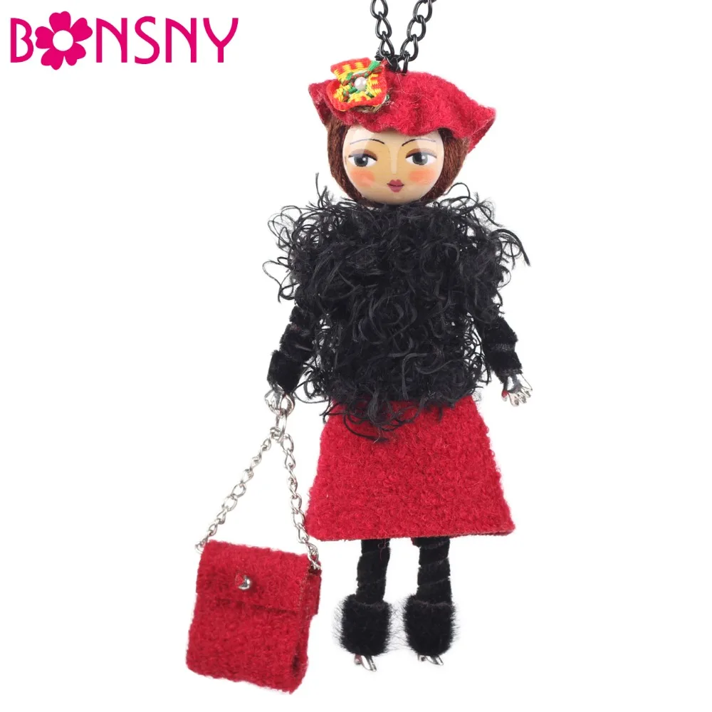 Bonsny Handmade Doll Necklace French Statement Doll Pendant Cloth Long Chain Fashion Jewelry For Women 2015 News Accessories