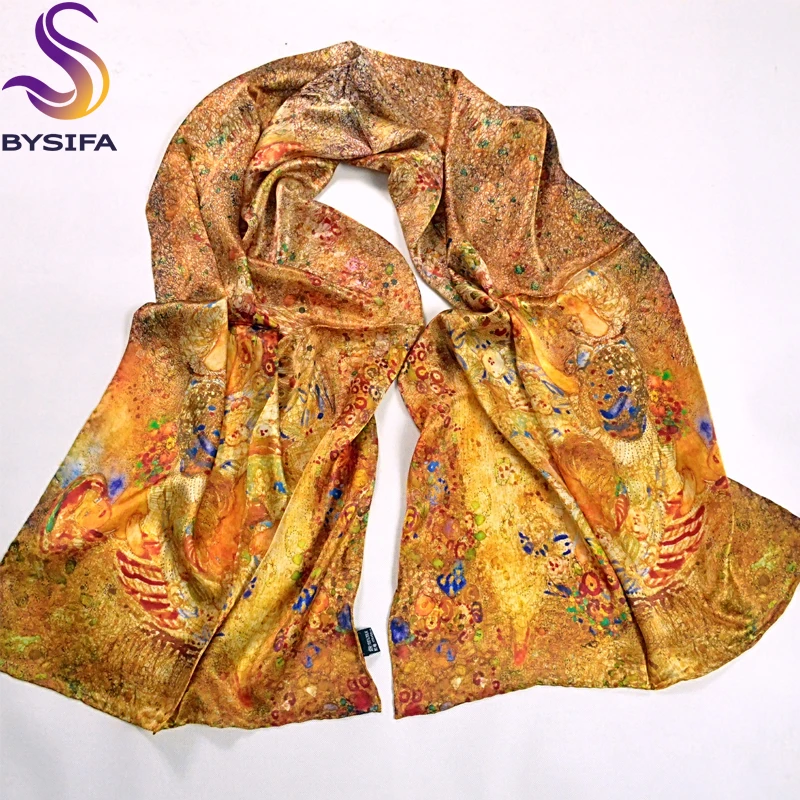 Pure Silk Scarf Shawl Female Long Design Autumn Winter Gold Brown Silk Cape Fashion 100% silk Digital Painting Silk Scarves