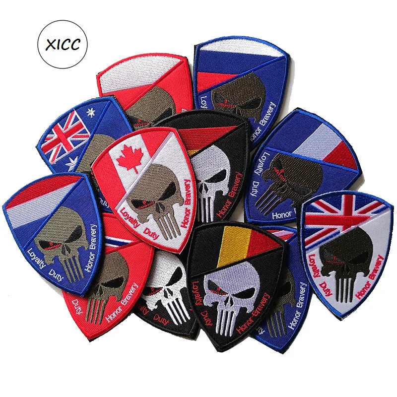 Skull Military Hook and Loop Patches 3D Embroidered National Flag Outdoor Backpack Stickers Clothing Hat Badges Bags Appliques