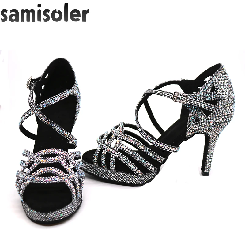 Latin Dance Shoes with Platform Jazz Shoes Dance Ballroom Shoes Girls Rhinestone High Heels Glitter Salsa Dancing Shoes