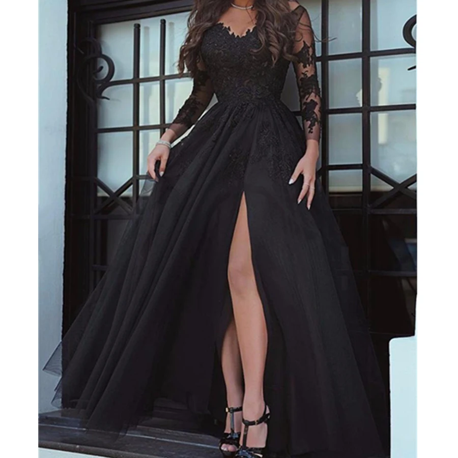 Novo glamourosa manga longa preto fenda rendas vestido de noite sexy vestidos de baile até o chão formal festa vestidos noite