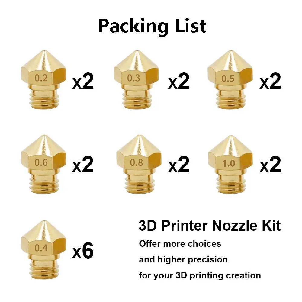 

Латунная насадка MK10 для 3D-принтера, 18 шт, латунная головка экструдера M7, Hotend сопла 0,2/0,3/0,4/0,5/0,6/0,8 мм, подходит для нити 1,0 мм