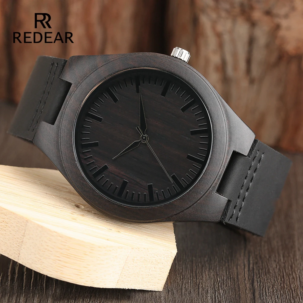 Classic Black Sandalwood Mens Watch Leather Strap Quartz Watch Lightweight Gift Watches Women Or Men Without LOGO