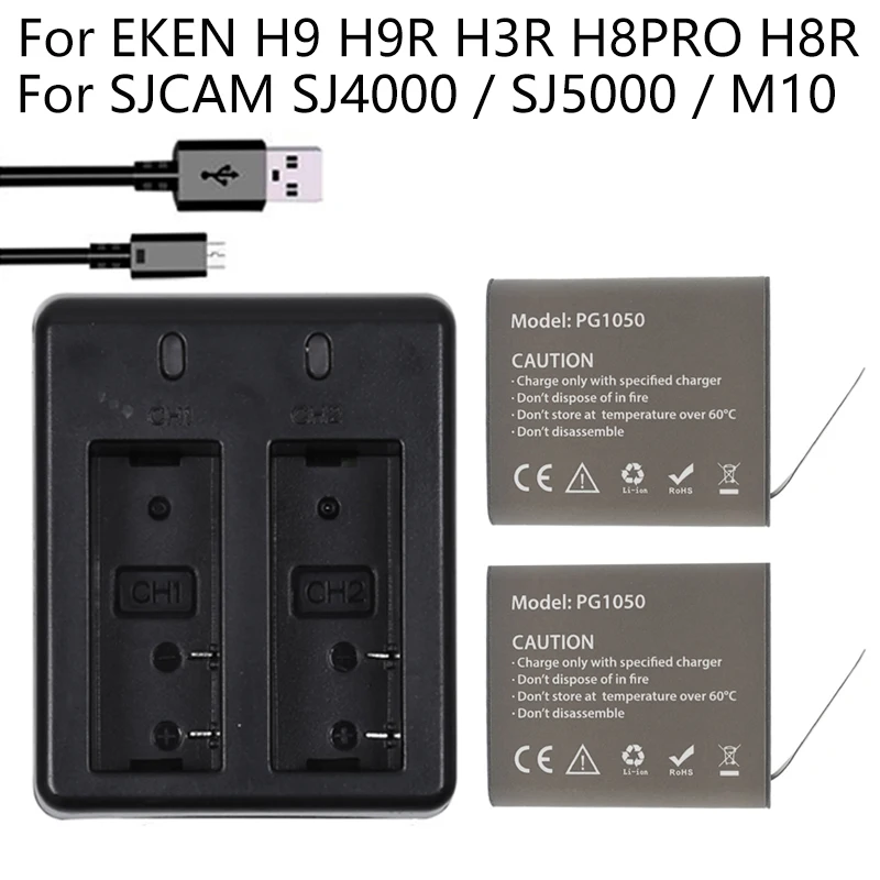 1050mAH PG1050 Camera Battery + Dual Charger For EKEN H9 H9R H3R H8R H8PRO H8 SJCAM SJ4000 SJ5000 M10 Action Camera Batteria