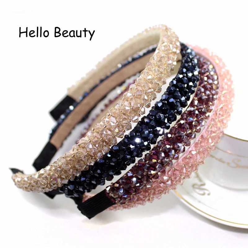 Shiny Pink Black Full Crystal And Beads Headbands Luxury Hair Jewelry Handmade Rhinestone Hairbands For Women Girls