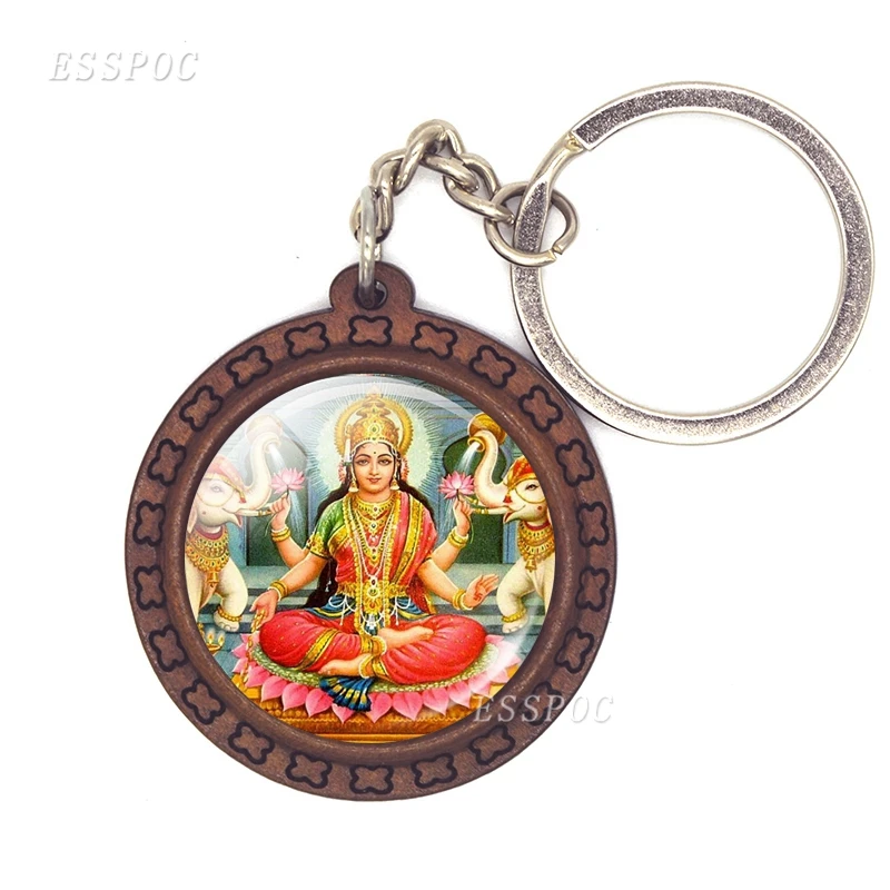 Shiva and Ganesh Glass Cabochon Wooden Keychain Wood Pendant Car Key Holder Hinduism Jewelry Fashion Accessories for Men Women