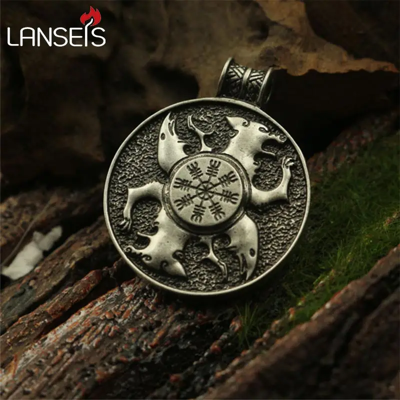 

lanseis 10pcs viking pendant Vegvisir symbol nekclace,wolf and raven pendant