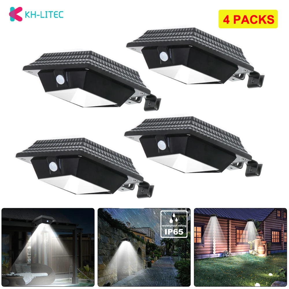 4 PCS PIR Motion Sensor Wall Light Cold White Gutter lights Lamp Outside LED Solar Wall Lamp for Garden Street Yard Security