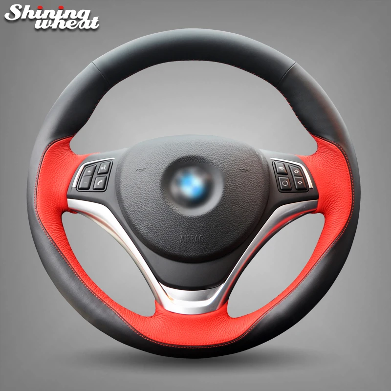 

Shining wheat Hand-stitched Black Red Leather Car Steering Wheel Cover for BMW X1 2012 2015