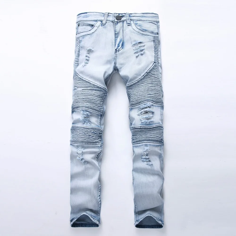 

New Fashion Men jeans Washed Light blue Moto Denim Pants Ripped Rider Biker Jeans Motorcycle Hip Hop For Skinny Stretch Hip Hop