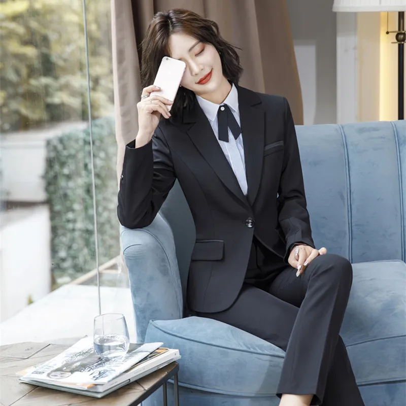 IZICFLY Spring Autumn Black Female Uniform Business Suits with Trouser Elegant Slim Office Blazer Set For Women Work Wear Gray