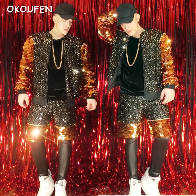 New Men fashion Black Gold Mirror Colorful Jacket costumes Party Show Hip hop baseball clothes Nightclub Singer DJ Wear