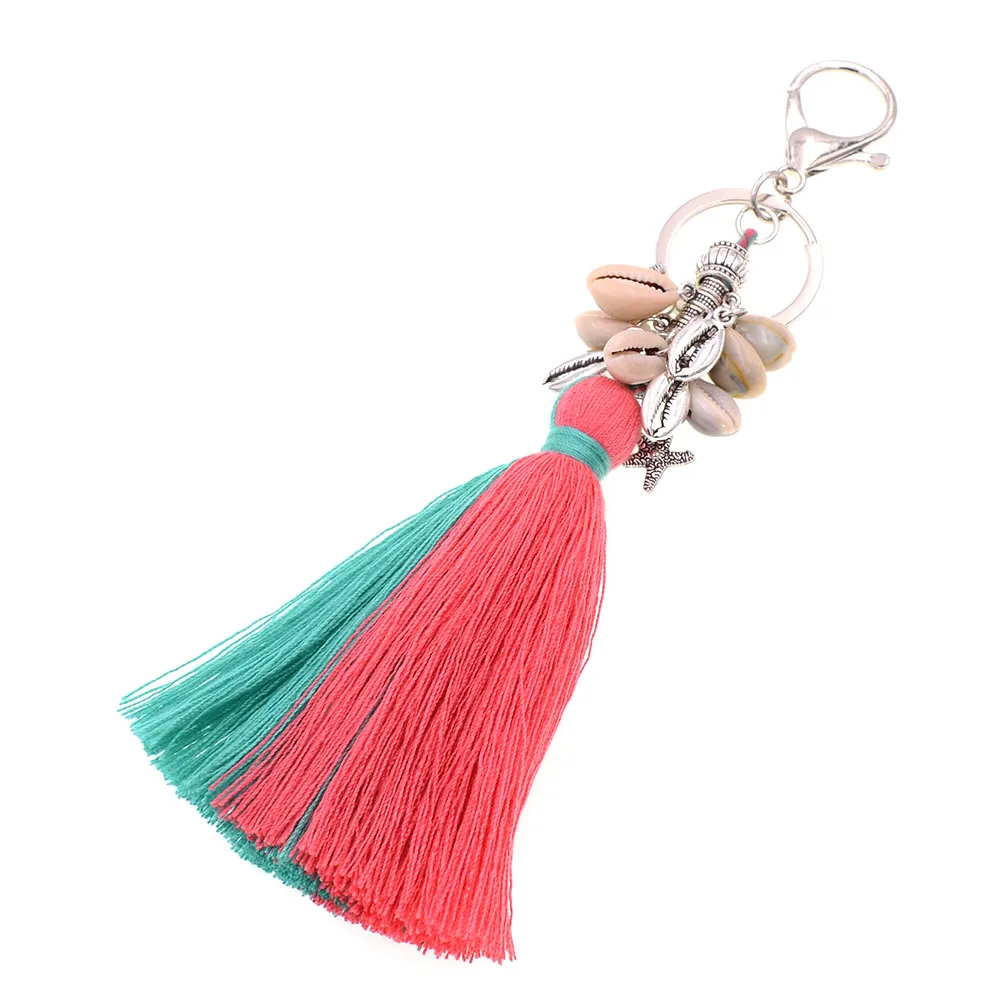 WELLMORE handmade bohemia shell with long tassel alloy Key Chain For Women Girl Bag Keychain