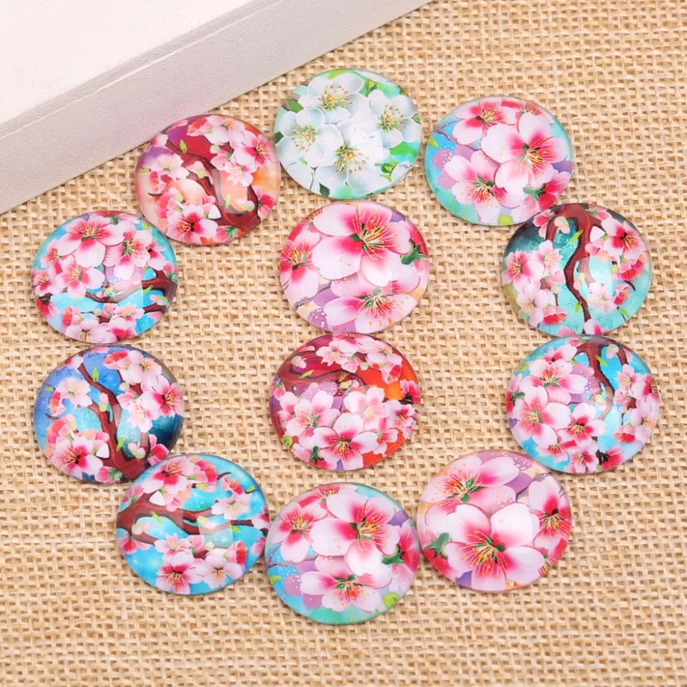 reidgaller 20pcs 20mm round flower photo glass cabochons mixed domed hand made diy findings for jewelry making