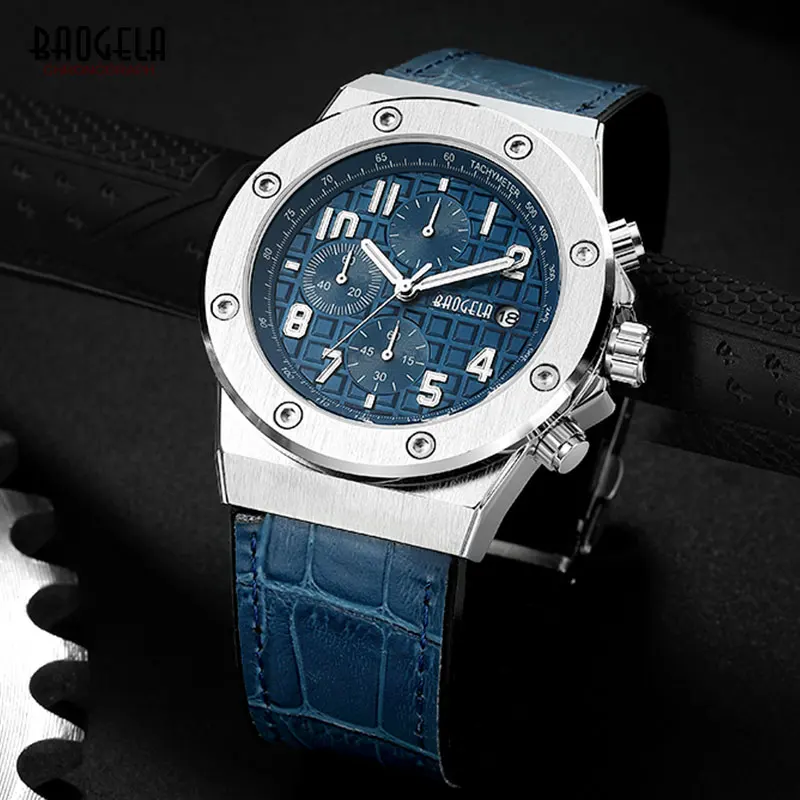 BAOGELA Men\'s New Quartz Watches 2019 Waterproof Chronograph Casual Luminous Wrist Watch Man Leather Strap Relogios 1805 Blue