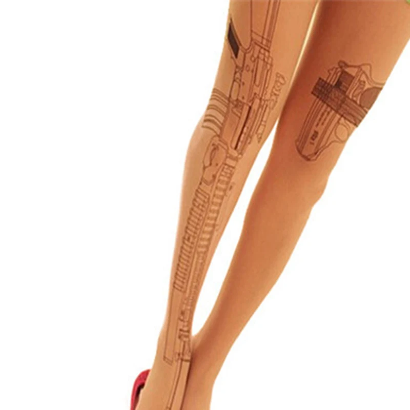 New Arrivals Machine Gun Tattoo Transparent Tights Stockings Pantyhose Women Fashion Clothing Accessory Free Shipping