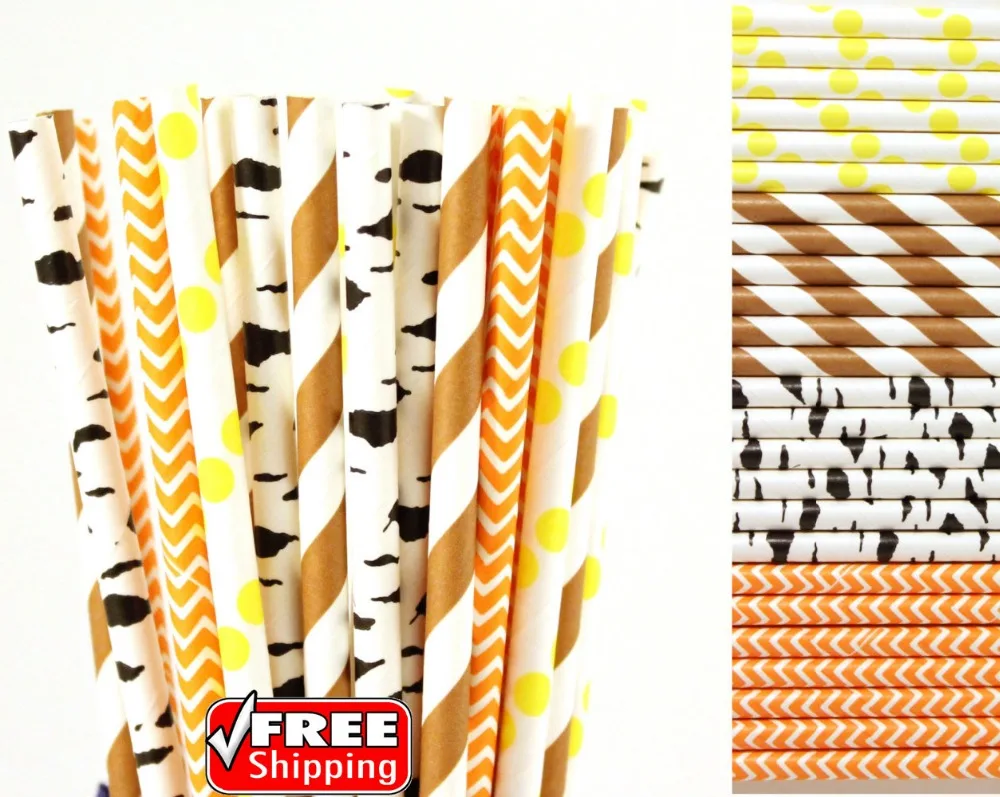 200 Pcs Mixed 4 Designs Yellow,Brown,Orange,Black Themed Paper Straws-Stripe,Dot,Chevron,Birch Woodland Fall Tea Party Drinking