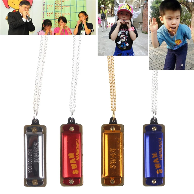 SWAN Mini Harmonica 4 Holes 8 Tones Harmonica Metal Chain Necklace Style Mouth Organ for Children / Kids Gifts