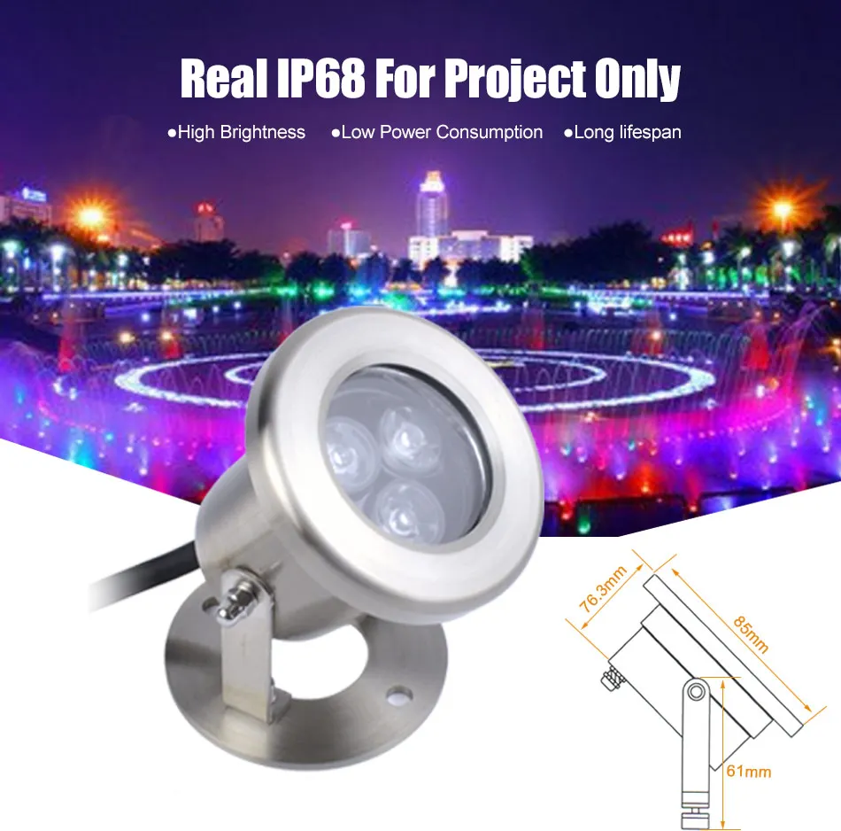 HOTOOK Underwater Lights RGB IP68 Submersible LED Pool light 3W Stainless Steel Spotlight for Fountain Pond GardenMarine Project