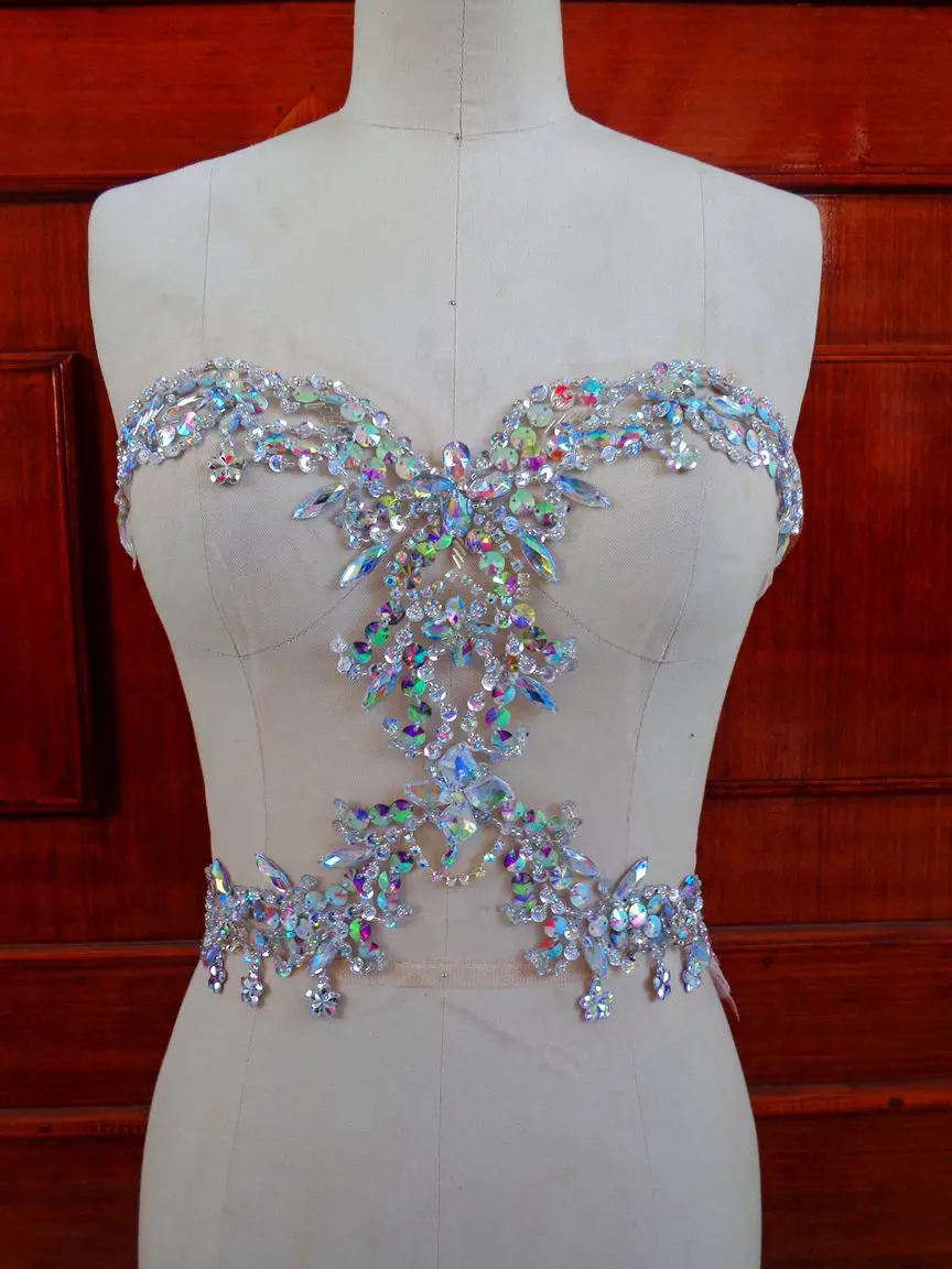 zbroh New clear AB colour  pure handmade sew on rhinestones applique  34*30cm crystals patches for  dress DIY  accessories