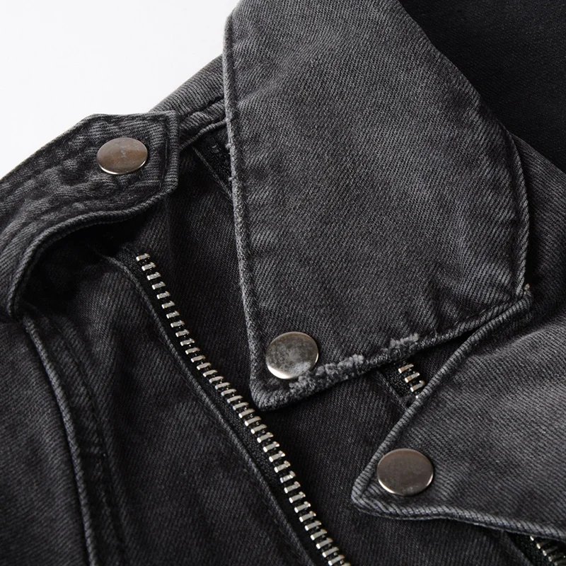 Sokotoo Nam Dây Kéo Đen Denim Jean Biker Áo Khoác Dành Cho Xe Máy Vintage Epaulet Lỗ Tách Đau Khổ Áo Khoác