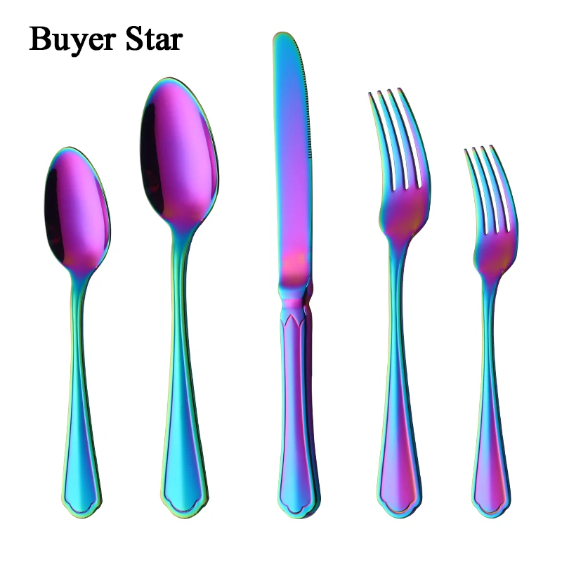 Drop shipping  Stainless Steel Cutlery Set Colorful tableware metal steak knife salad fork soup coffee spoon for kitchen hotel