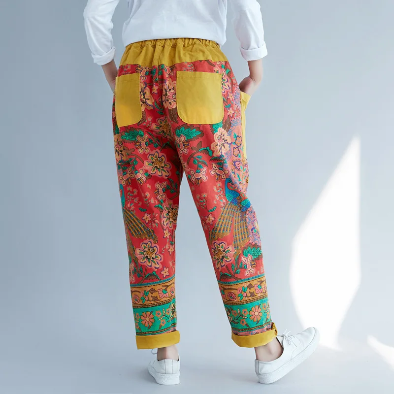 NEW Women Baggy Denim Cross-Pants Big Size Elastic Waist With Drawstring Printed Cowboy Trousers Big Pockets Ethnic style Jeans