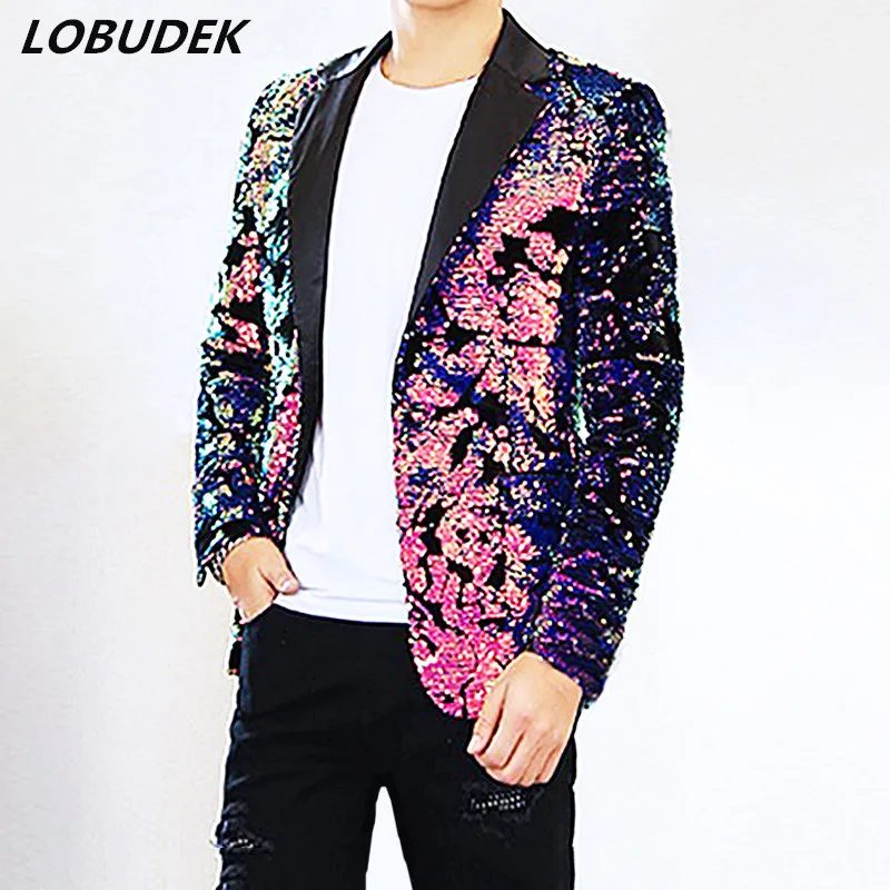 

Flipping Sequins Purple Pink Men's Blazers Coat Glittering paillette Jacket Outerwear Nightclub Singer Stage Costume Host Outfit