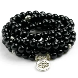 Natural Black Onyx Mala 108 Beads Bracelet Necklace Women Men Tree Life Om Charm Stone Powerful protection Yoga Jewelry