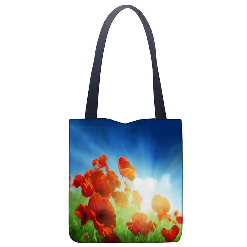 Personalizado papoilas tote saco de compras dobrável reutilizável eco grande unisex lona tecido sacos de ombro tote supermercado pano bolsa