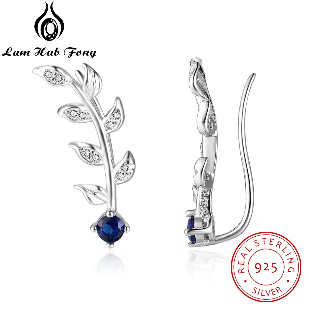 Royal Blue Ear Climber Earrings Zirconia Leaves Branch 925 Sterling Silver Stud Earrings for Women Wedding Jewelry(Lam Hub Fong)