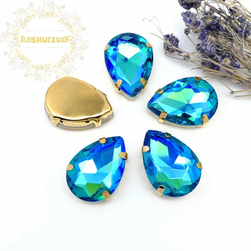 Turquoise Blue AB Dazzle Color Water Drop Shape Glass Crystal Sew On Rhinestones With Gold  Bottom Four Claw Diy Clothing Shoes