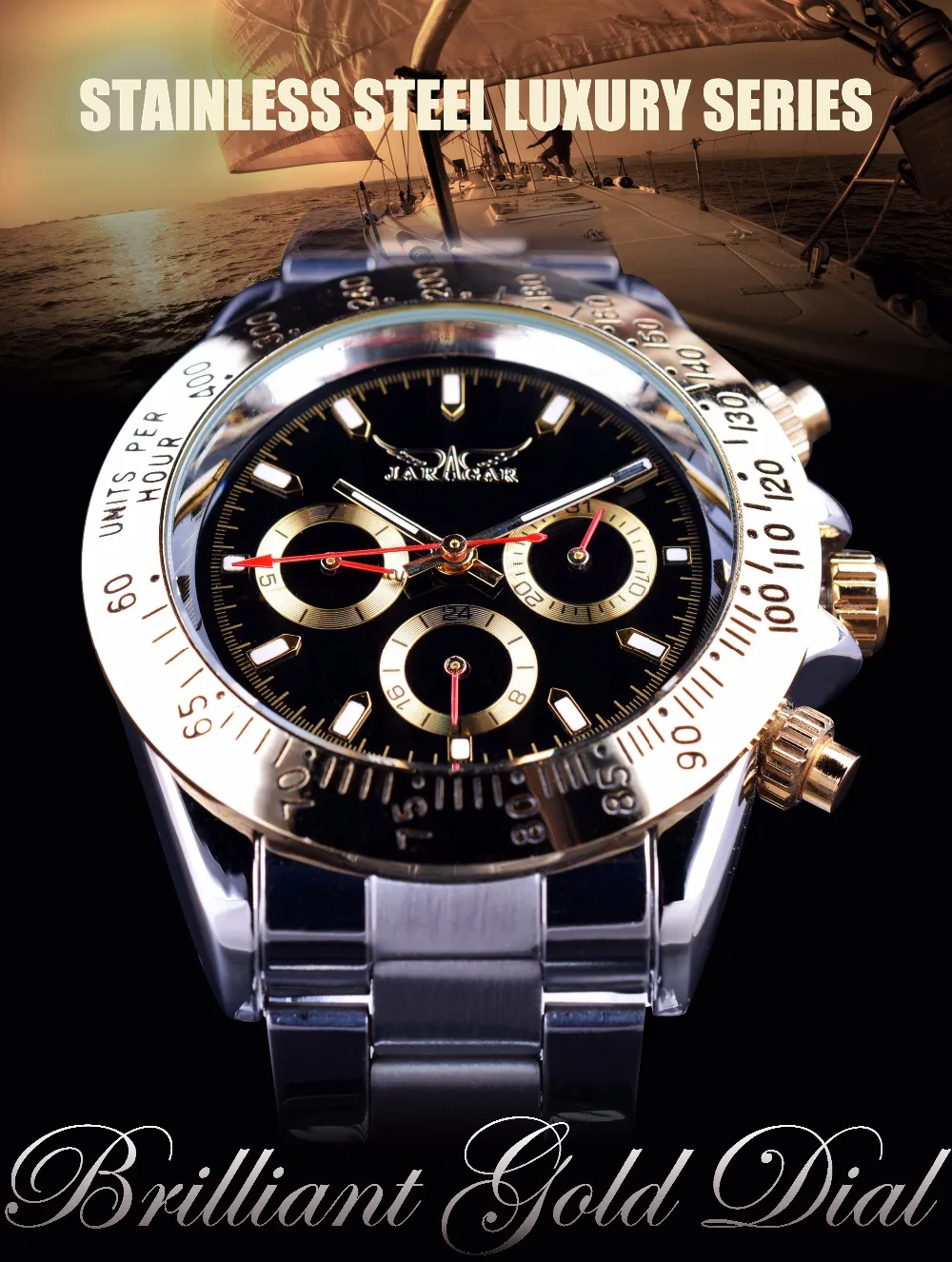 Jaragar Men's Automatic Self Wind Mechanical Watch Golden Bezel Date Stainless Steel Strap Sport Business Watches Clock Relogio