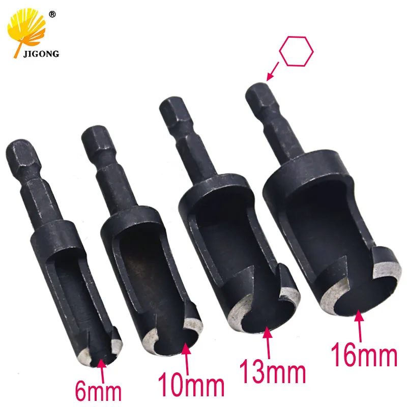 4pcs Carbon Steel Carpenter Woodworker Hole Wood Plug Cutter Cutting Power Tool Wooden Drill Bit Hex Shank 6mm 10mm 13mm 16mm