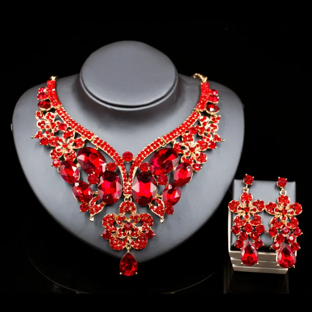 Lan palace  Glass Rhinestone bridal jewelry set gold color necklace and earrings for wedding six colors  free shipping