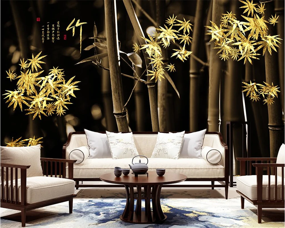 

Beibehang Custom wallpaper Chinese style Retro Golden bamboo mood sofa Sofa TV background wall 3d Living room mural 3d wallpaper