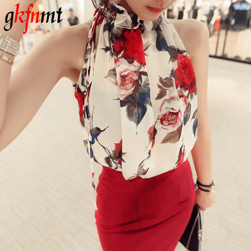 gkfnmt 2018 New Fashion Women Sleeveless Chiffon Floral Print Blouse Ruffles Turtleneck Tops Shirt  Blusas Feminine XXL