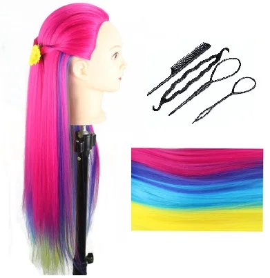 CAMMITEVER New Arrival Rainbow Mannequin Heads with Tools Colorful Hair Mannequin Head Hairdresser Training Tool