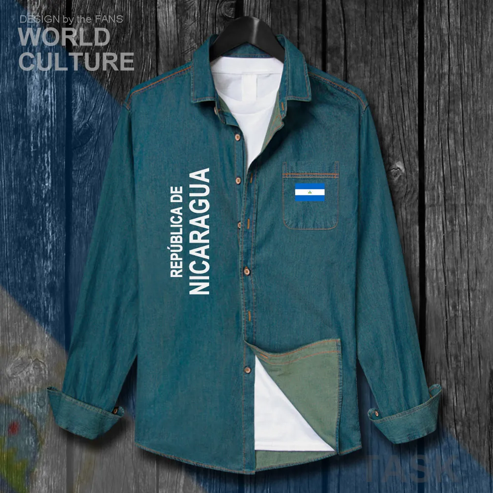 Nicaragua NIC Nicaraguans NI Men fashion clothes Spring Autumn Cotton Flags Turn-down Collar Jeans Shirt Long Sleeve Cowboy Coat