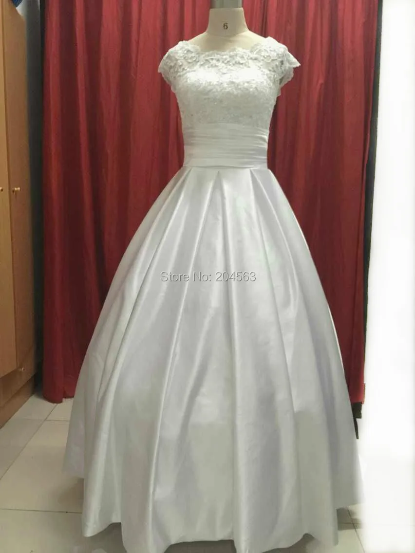 Heißer Verkauf Echt Bild In Lager EINE Linie Satin Prinzessin Hochzeit Kleid mit Cap Sleeves